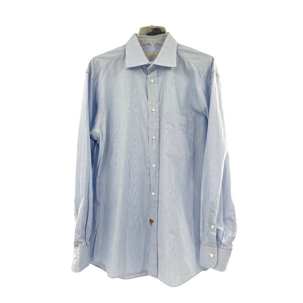 Ermenegildo Zegna Mens Blue‎ & White Striped Button-Up Dress Shirt 46x16.5